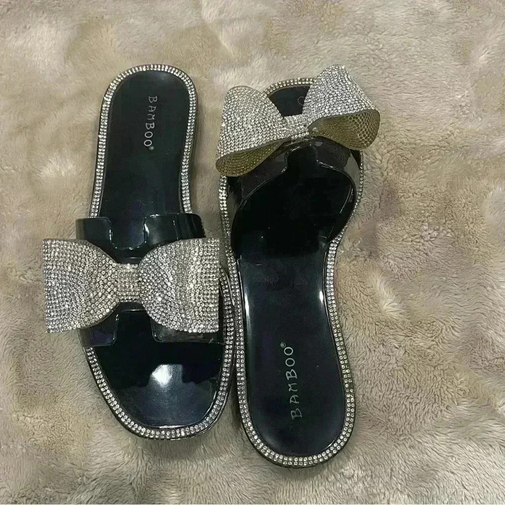 Slide Sandals With Rhinestone Bow